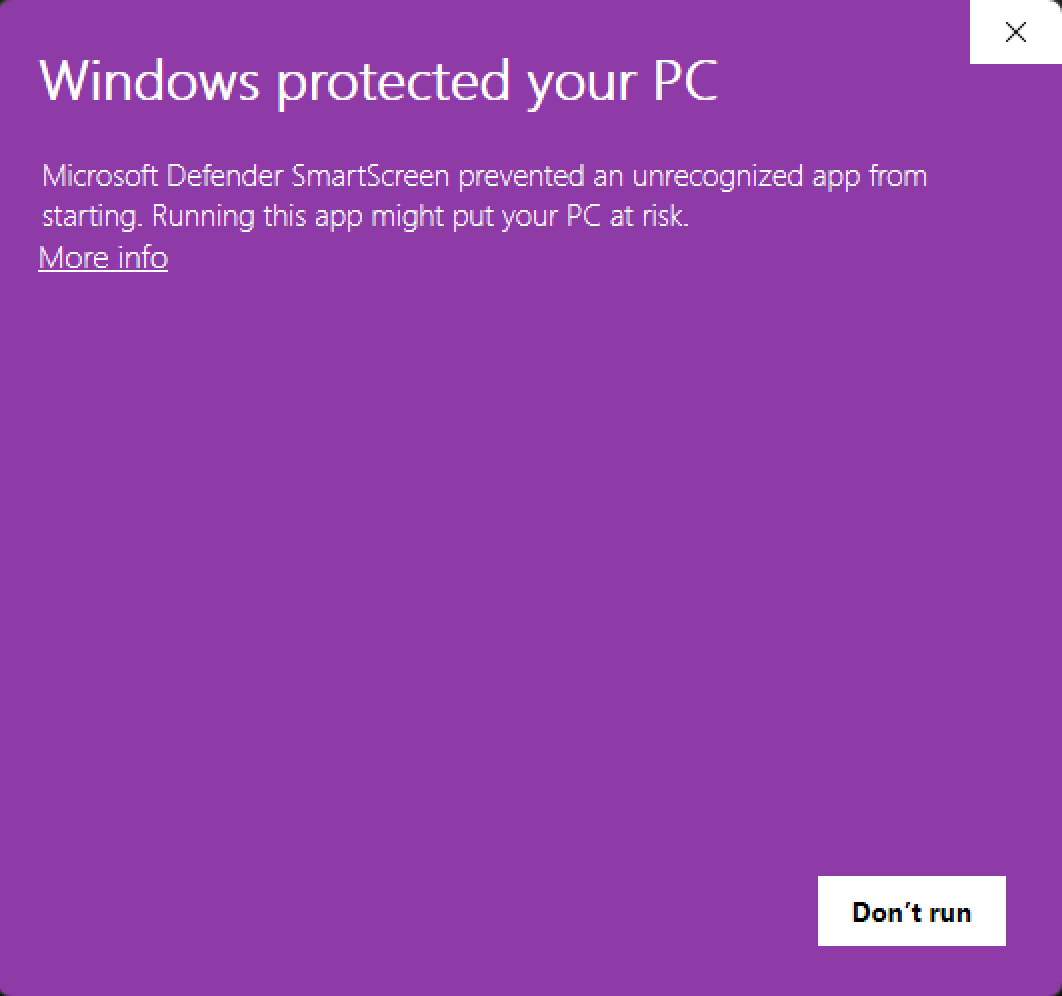 Windows SmartScreen warning with the More info link highlighted