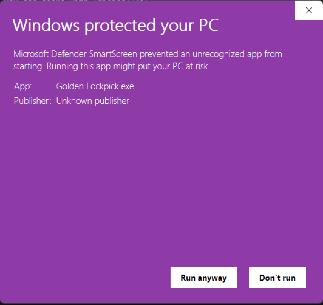 Windows SmartScreen with the Run anyway button now visible