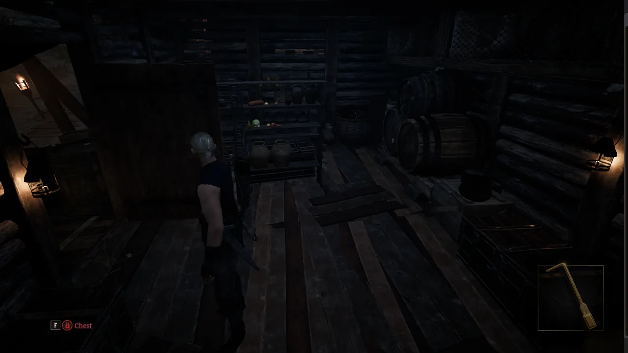 Gothic 1 Remake Fisks Truhen aufgereiht im Lagerraum seiner Hütte im Altes Lager.