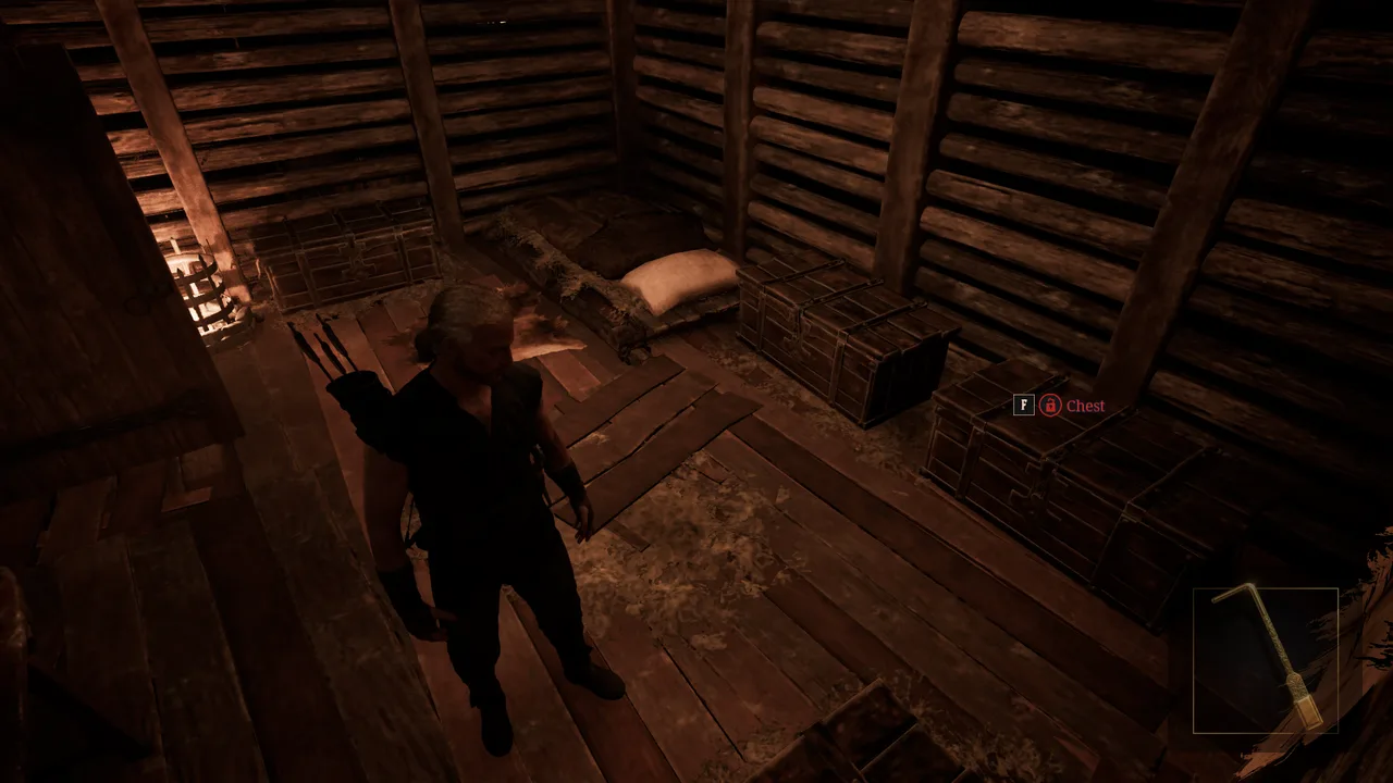 Gothic 1 Remake Fisks Hütte im Alten Lager: das Hinterzimmer voller Fisks verschlossener Truhen.